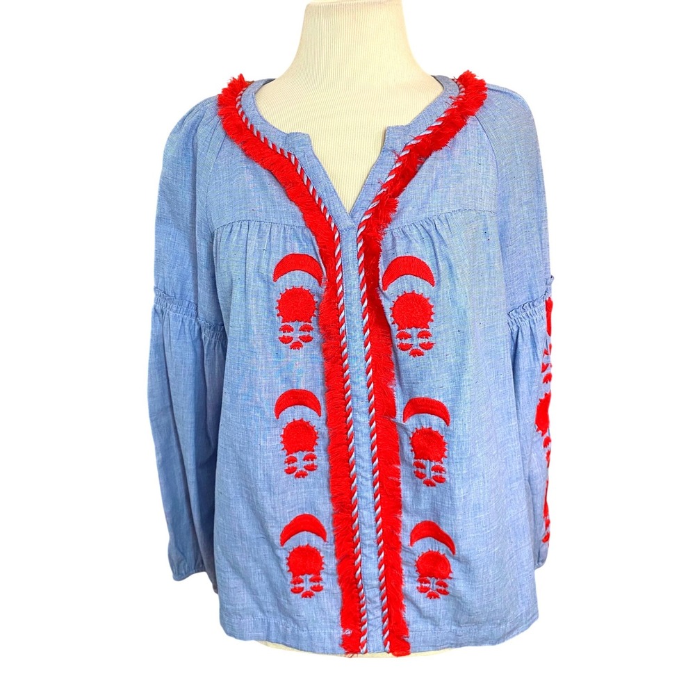 Crown & Ivy Womens‎ Small Blue Embroidered Fringe Boho Peasant Blouse Top S
